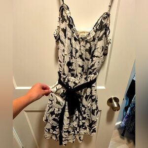 Black & White Floral Tiered Mini Dress with Bow